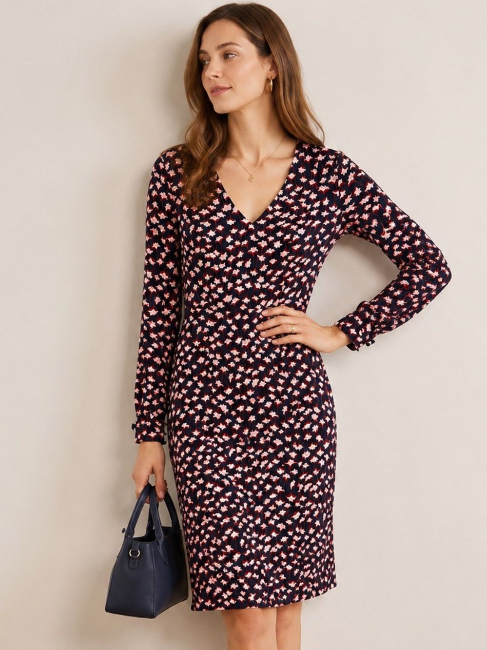 Boden Floral Long Sleeve Sheath Dress Navy Pink Tulip Print US 6R Parisian Chic